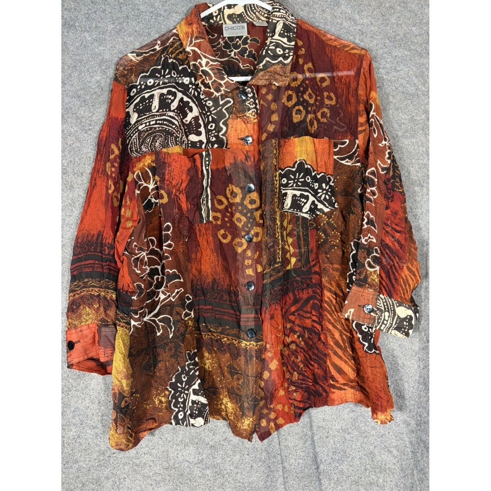 Chicos Silk Button Front Blouse Size 3 XL Orange Brown Abstract Patchwork Print